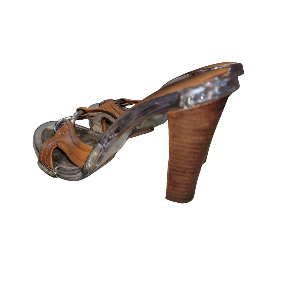 Michael Kors Women's Size 6.5 M Brown Leather Lucite Slide Heeled Sandals - Picture 3 of 10
